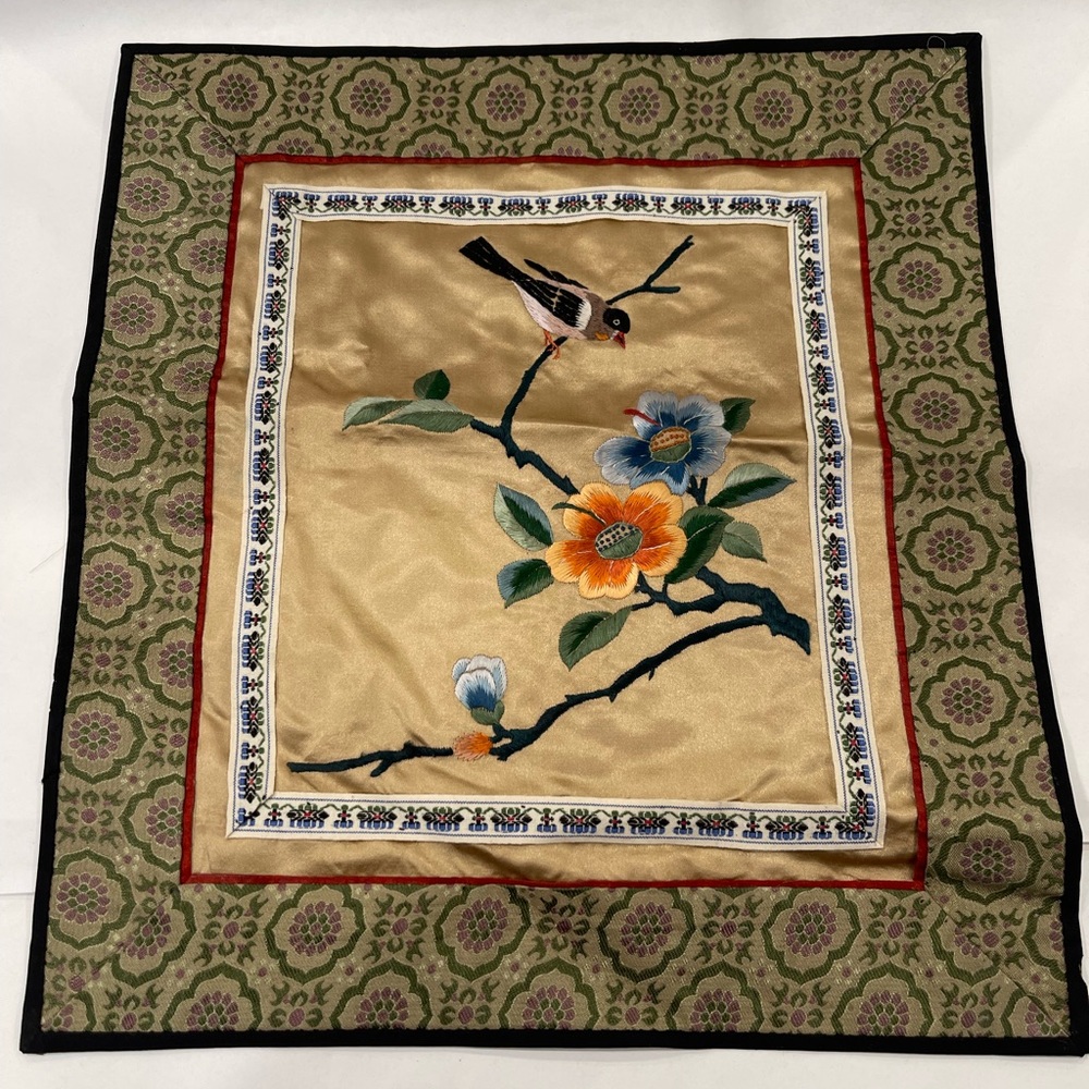 Vintage hand made Embroidery ASIAN Chinese silk brocade Tree Flowers Bird